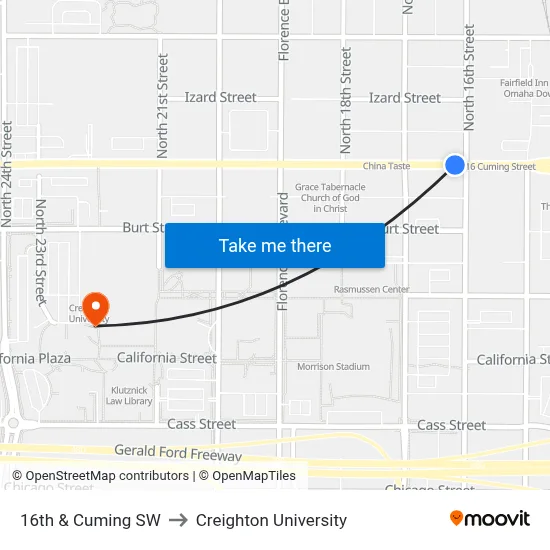 16th & Cuming SW to Creighton University map