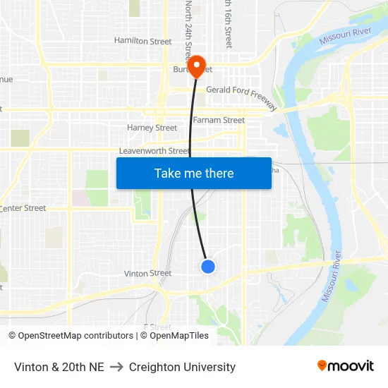 Vinton & 20th NE to Creighton University map