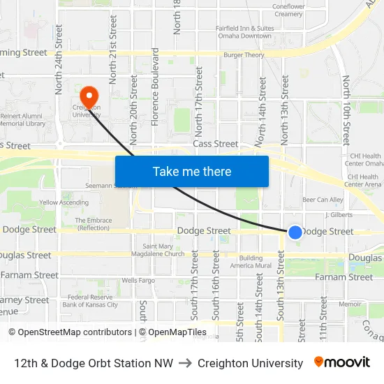 12th & Dodge Orbt Station NW to Creighton University map
