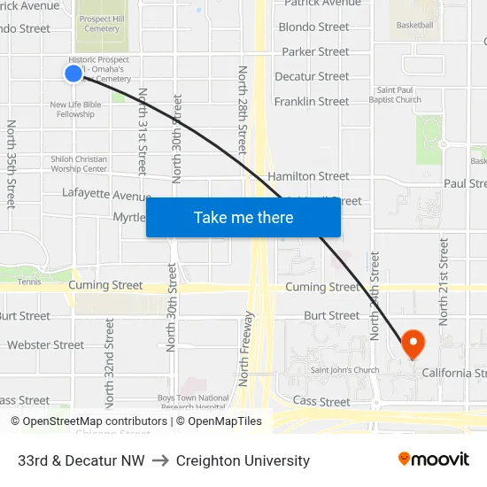 33rd & Decatur NW to Creighton University map