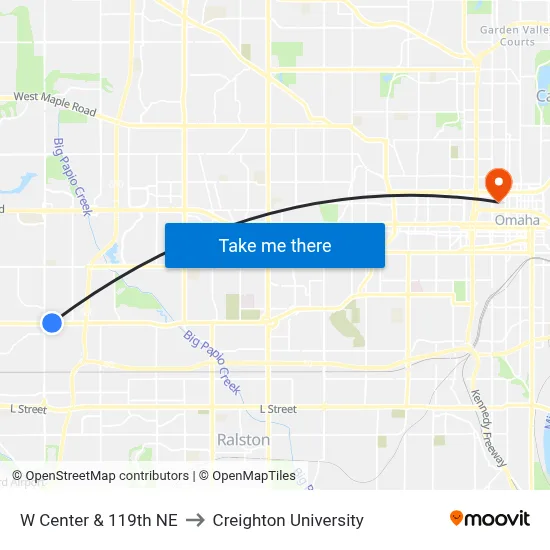 W Center & 119th NE to Creighton University map