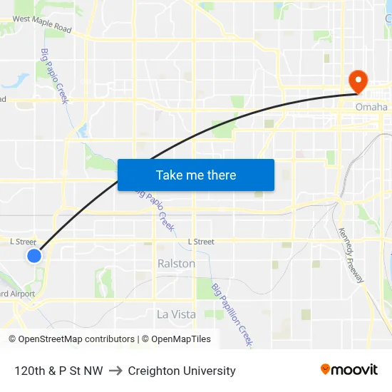 120th & P St NW to Creighton University map