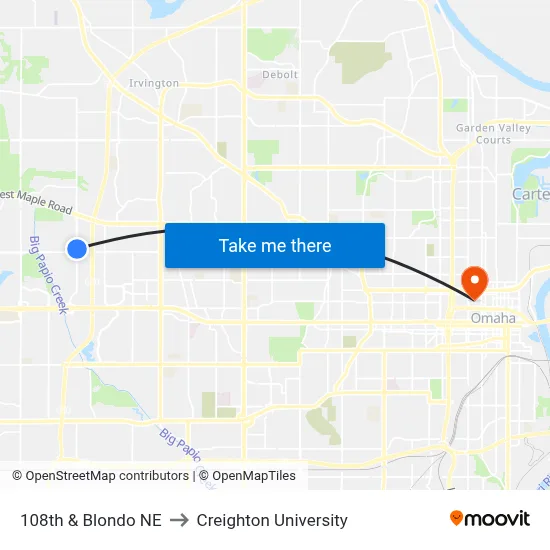 108th & Blondo NE to Creighton University map