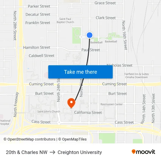 20th & Charles NW to Creighton University map