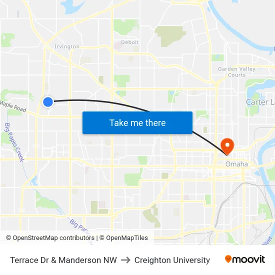 Terrace Dr & Manderson NW to Creighton University map