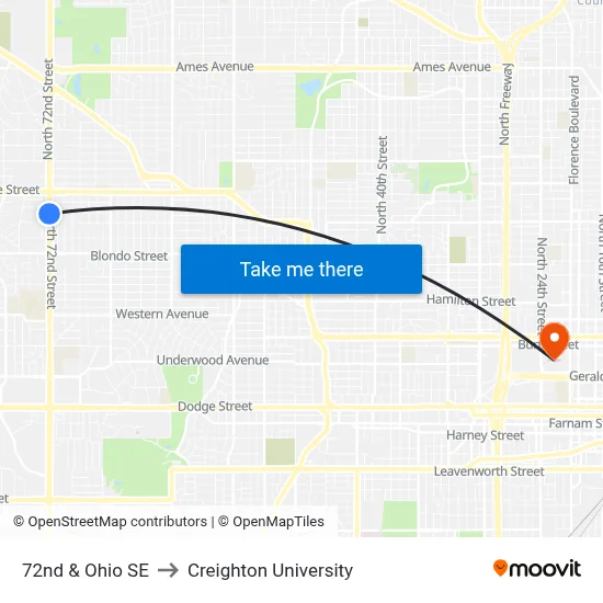 72nd & Ohio SE to Creighton University map