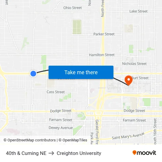 40th & Cuming NE to Creighton University map