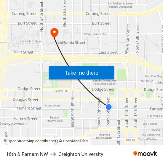 16th & Farnam NW to Creighton University map