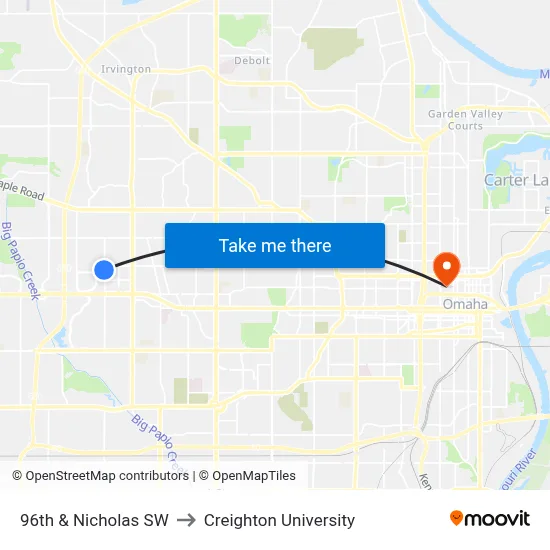 96th & Nicholas SW to Creighton University map