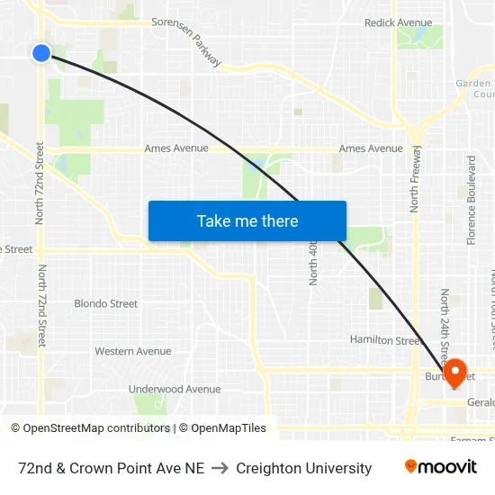 72nd & Crown Point Ave NE to Creighton University map