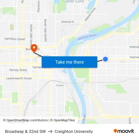 Broadway & 32nd SW to Creighton University map