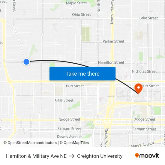 Hamilton & Military Ave NE to Creighton University map