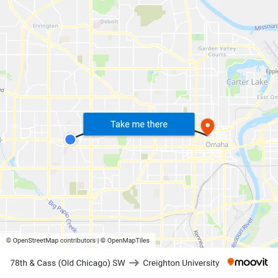 78th & Cass (Old Chicago) SW to Creighton University map