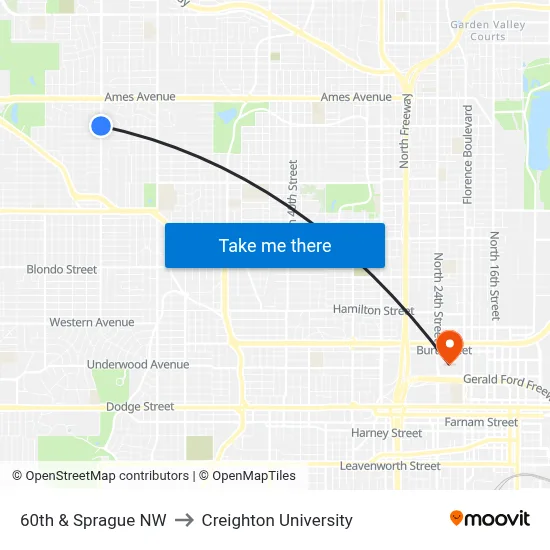 60th & Sprague NW to Creighton University map
