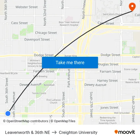 Leavenworth & 36th NE to Creighton University map