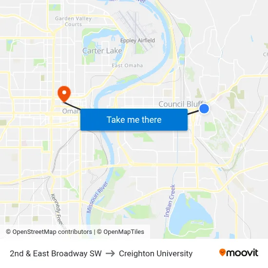 2nd & East Broadway SW to Creighton University map