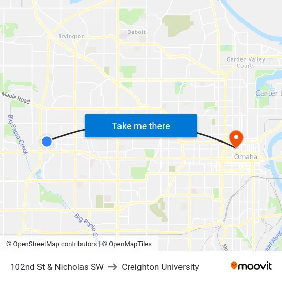 102nd St & Nicholas SW to Creighton University map
