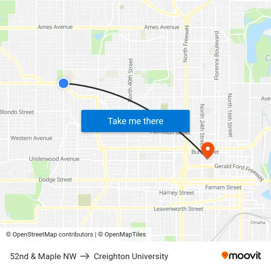 52nd & Maple NW to Creighton University map