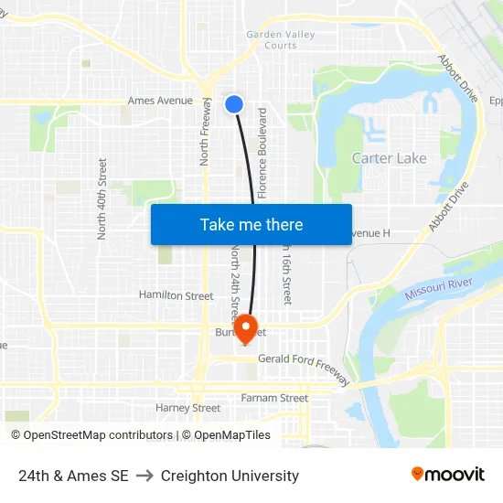 24th & Ames SE to Creighton University map