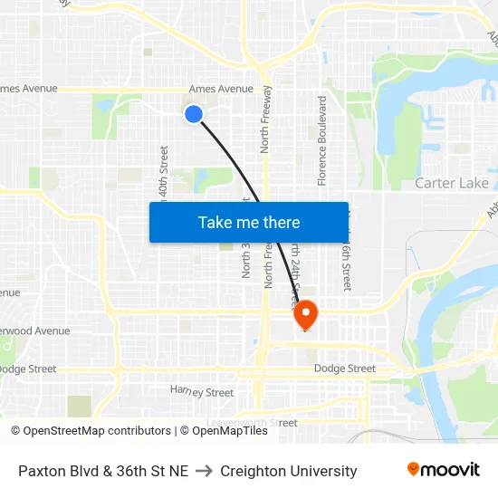 Paxton Blvd & 36th St NE to Creighton University map