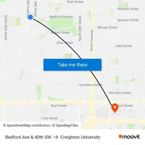 Bedford Ave & 40th SW to Creighton University map