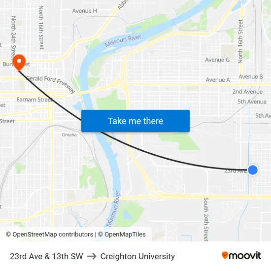 23rd Ave & 13th SW to Creighton University map