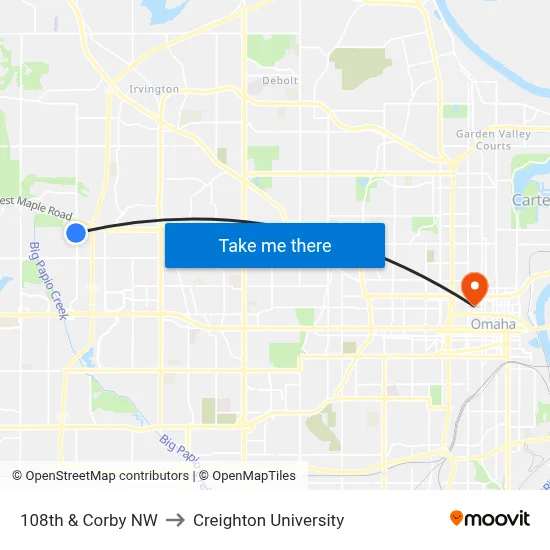 108th & Corby NW to Creighton University map