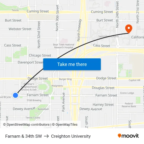 Farnam & 34th SW to Creighton University map