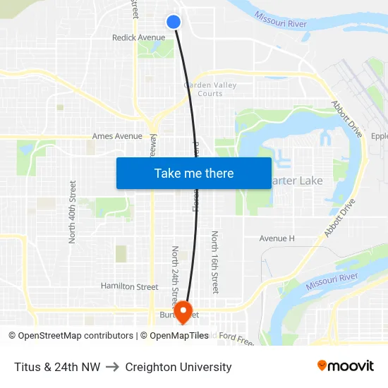 Titus & 24th NW to Creighton University map