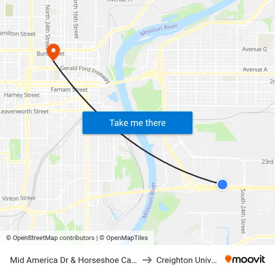 Mid America Dr & Horseshoe Casino NE to Creighton University map