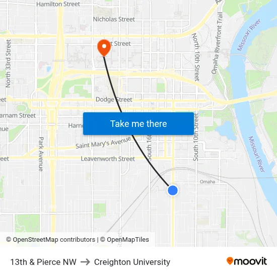 13th & Pierce NW to Creighton University map