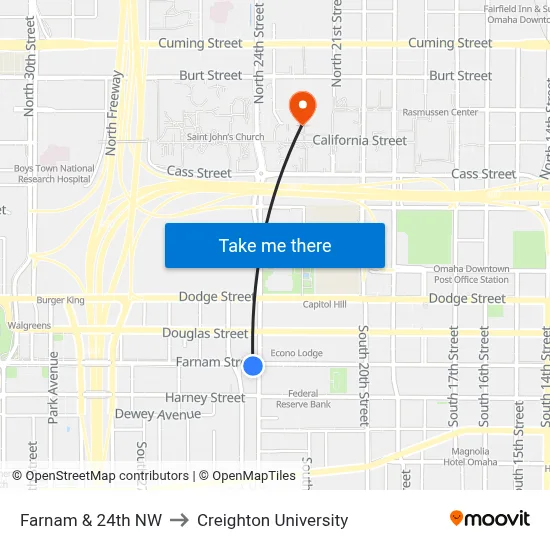 Farnam & 24th NW to Creighton University map