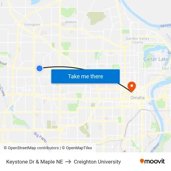 Keystone Dr & Maple NE to Creighton University map