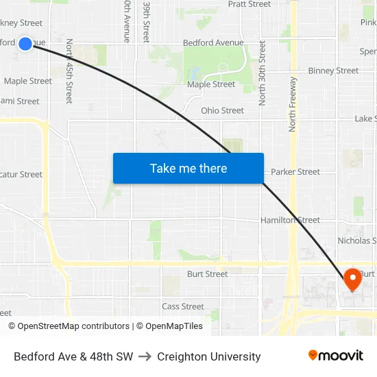 Bedford Ave & 48th SW to Creighton University map