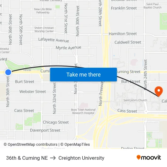36th & Cuming NE to Creighton University map