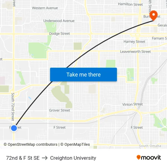72nd & F St SE to Creighton University map