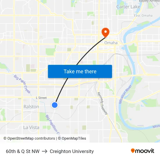 60th & Q St NW to Creighton University map