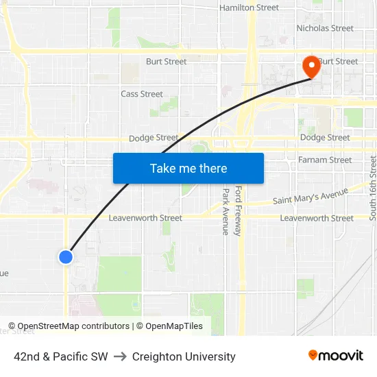 42nd & Pacific SW to Creighton University map