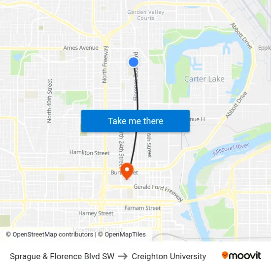 Sprague & Florence Blvd SW to Creighton University map