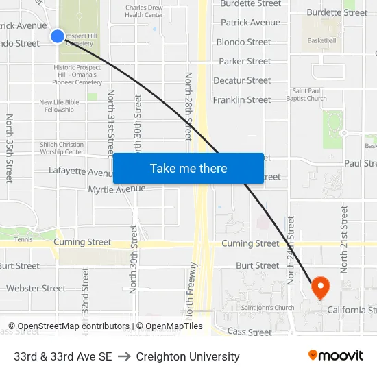 33rd & 33rd Ave SE to Creighton University map