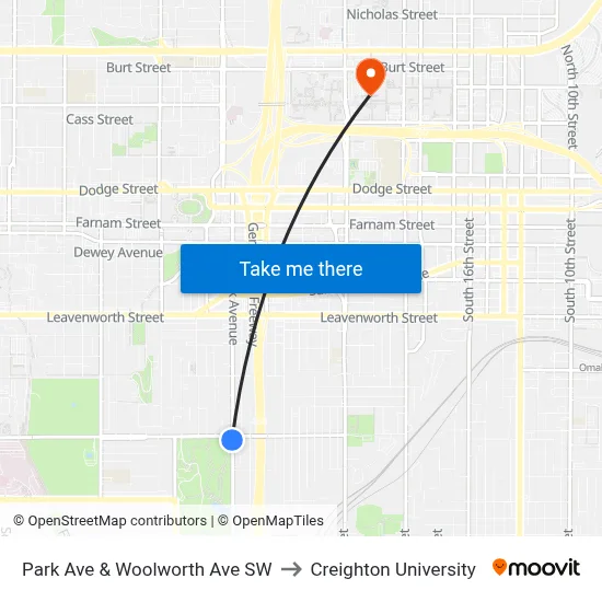 Park Ave & Woolworth Ave SW to Creighton University map