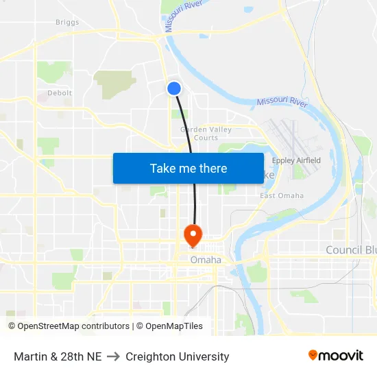 Martin & 28th NE to Creighton University map