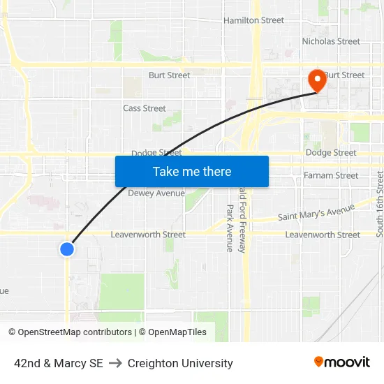 42nd & Marcy SE to Creighton University map