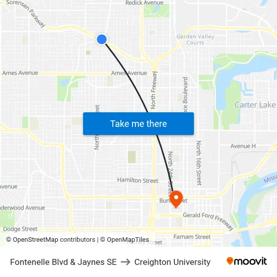 Fontenelle Blvd & Jaynes SE to Creighton University map