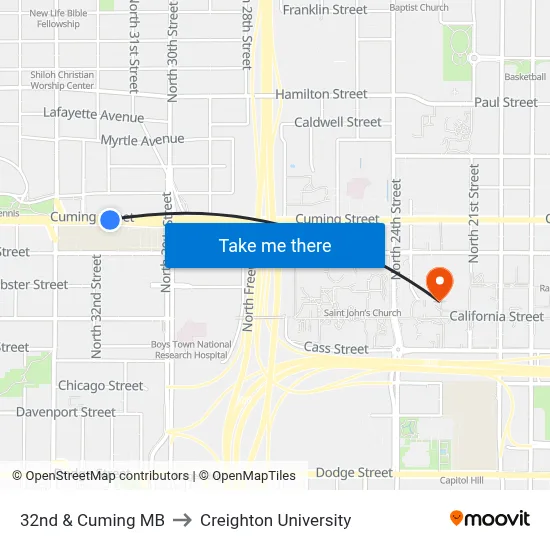 32nd & Cuming MB to Creighton University map