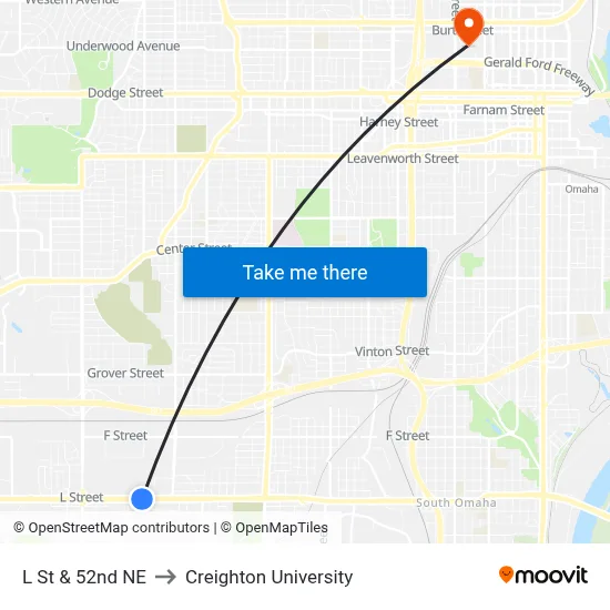 L St & 52nd NE to Creighton University map