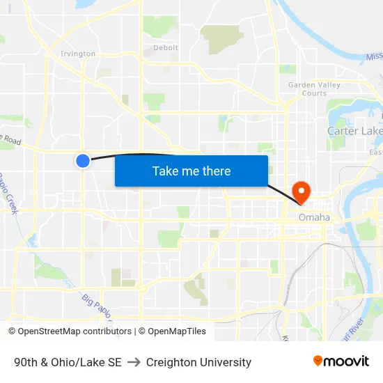 90th & Ohio/Lake SE to Creighton University map