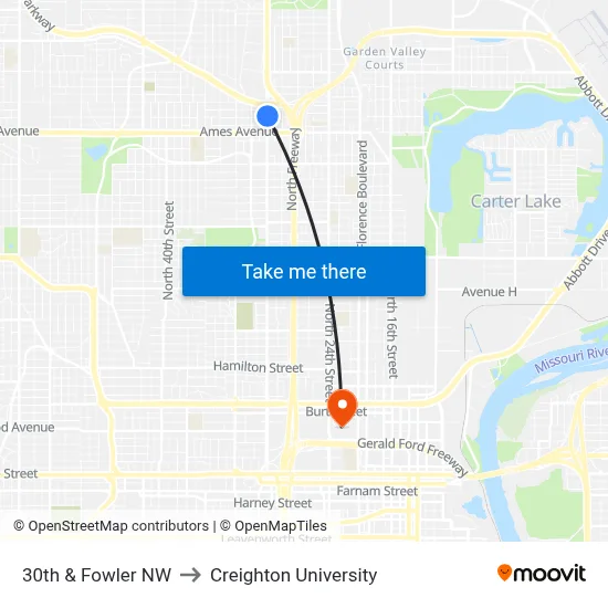 30th & Fowler NW to Creighton University map