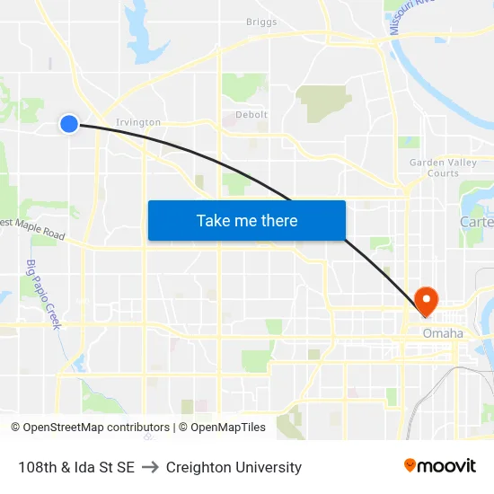 108th & Ida St SE to Creighton University map