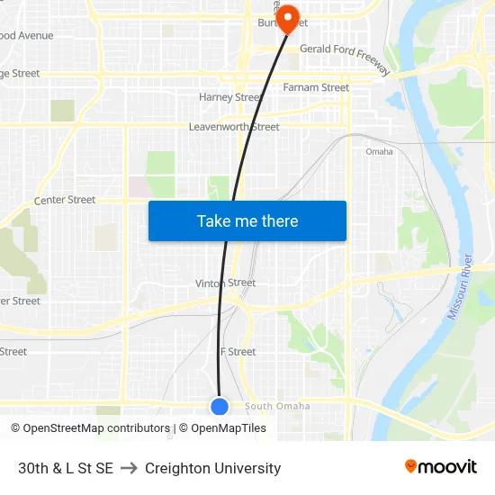 30th & L St SE to Creighton University map